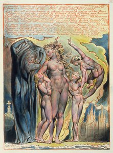 "Encostado aos Pilares ...", placa 32 de "Jerusalém", 1804-20 (gravura em relevo impressa em laranja com caneta e wc sobre papel) de William Blake